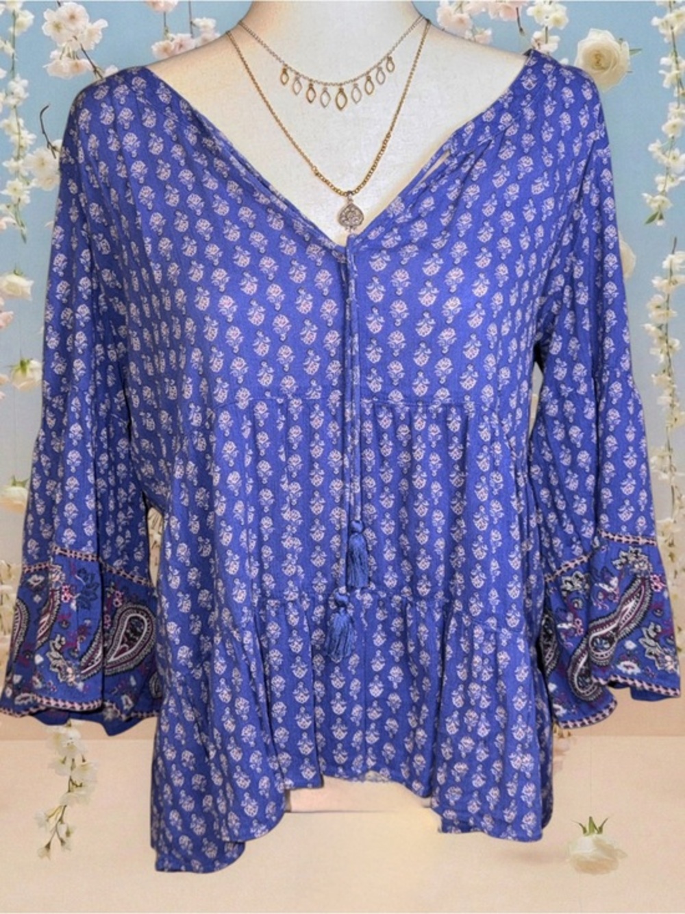 American Eagle Outfitters Blue Floral Boho Tunic with Tassels